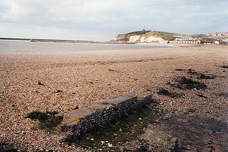 View along the beach east to Newhaven Harbour and Fort