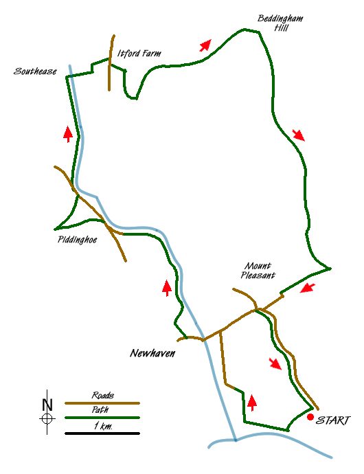 Route Map - Ouse Valley & Beddingham Hill from Newhaven Tide Mills Walk