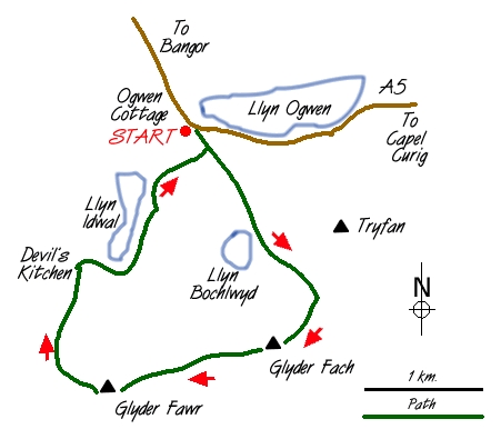 Route Map - Glyder Ridge traverse Walk