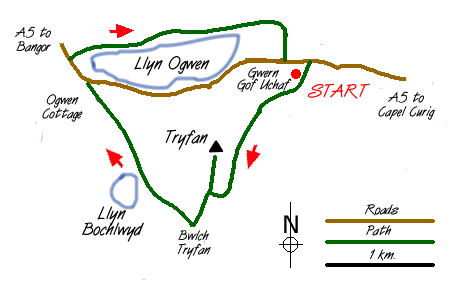 Route Map - Tryfan & Llyn Ogwen from Ogwen Valley Walk