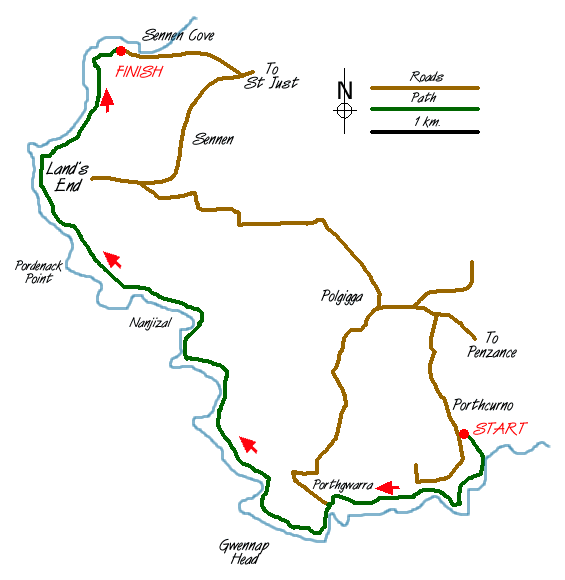 Route Map - Land's End & Sennen Cove from Porthcurno Walk