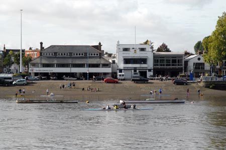 Rowing clubs beside the Thames opposite Fulham