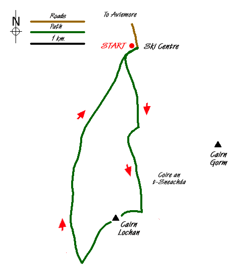 Route Map - Cairn Lochan via the Fiacaill Buttress from Ski Centre Walk