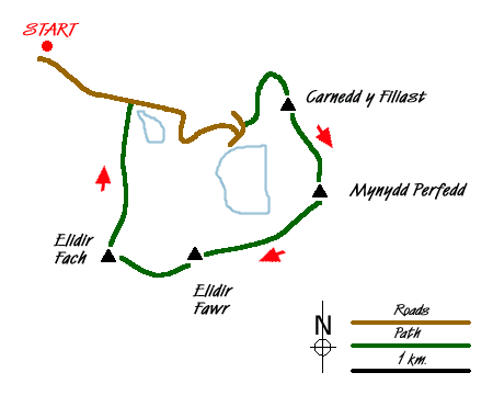 Route Map - Elidir Fawr, Mynydd Perfedd & Marchlyn Mawr reservoir Walk
