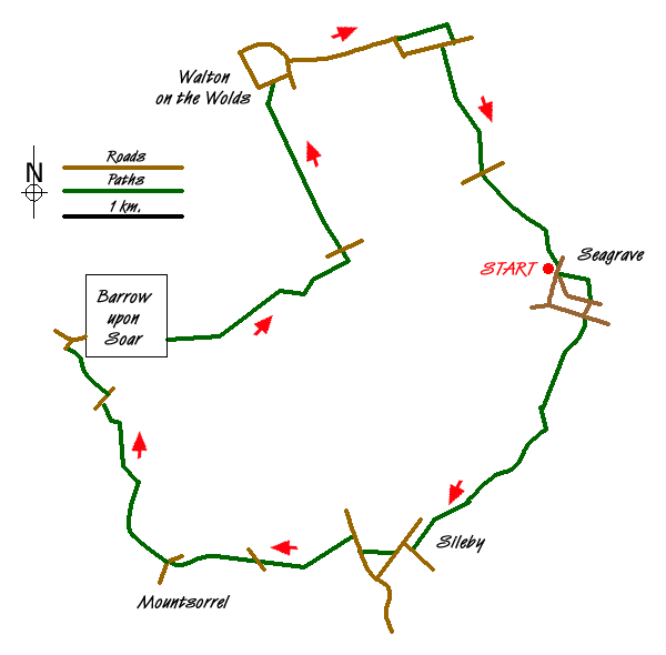 Route Map - Sileby, Barrow on Soar and Walton from Seagrave Walk