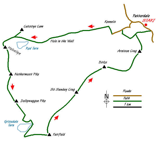 Route Map - Helvellyn & Fairfield Horseshoe from Patterdale Walk