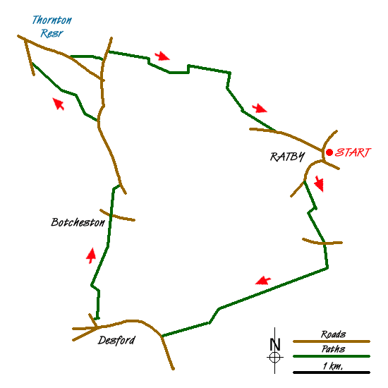 Route Map - Desford, Botcheston and Thornton Reservoir from Ratby Walk