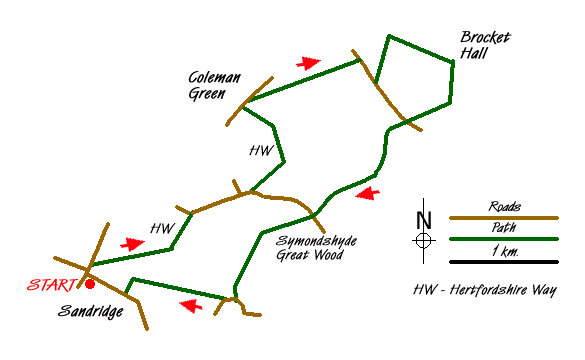 Route Map - Sandridge, Coleman Green & Brocket Hall Circular Walk