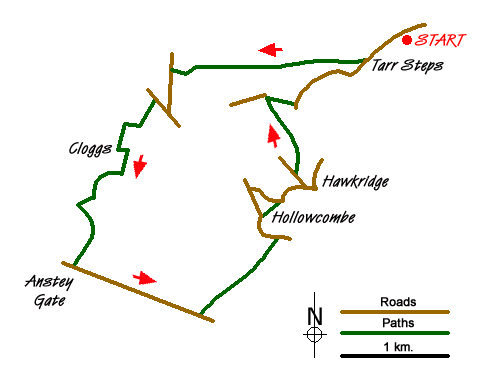 Route Map - Anstey Gate & Hawkridge from Tarr Steps
 Walk