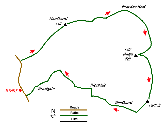 Route Map - Hazelhurst Fell, Fair Snape Fell and Parlick Walk