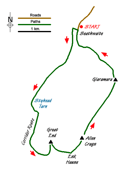 Route Map - Great End & Glaramara from Seathwaite Walk
