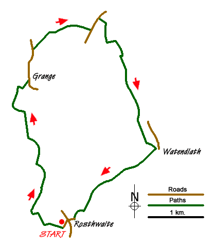 Route Map - Grange & Watendlath from Rosthwaite Walk