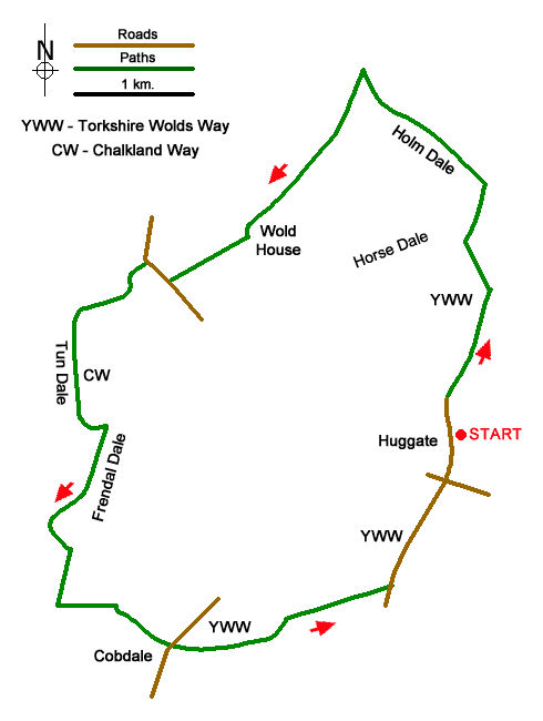 Route Map - Horse Dale, Holm Dale, Tun Dale and Frendal Dale from Huggate Walk
