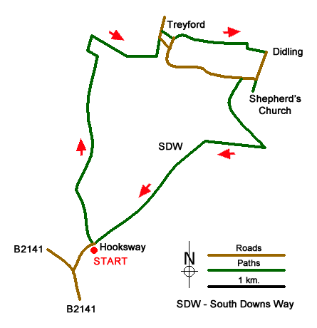 Route Map - Treyford & Didling from Hooksway
 Walk