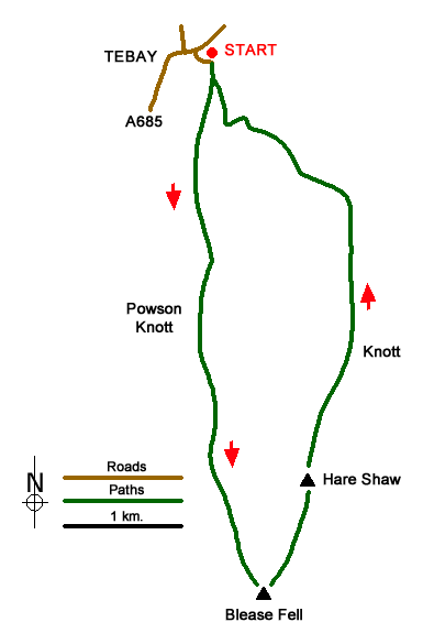 Route Map - Blease Fell & Hare Shaw from Tebay Walk