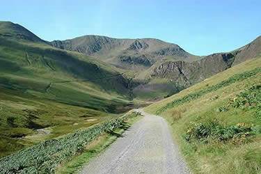 Coledale mine road with Eel Crag at the head of the valley