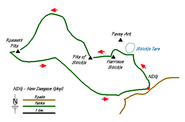 Route Map - Harrison Stickle, Pike o'Stickle & Rosset Pike  Walk