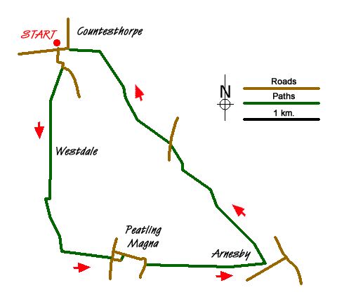 Route Map - Peatling Magna & Arnesby From Countesthorpe
 Walk