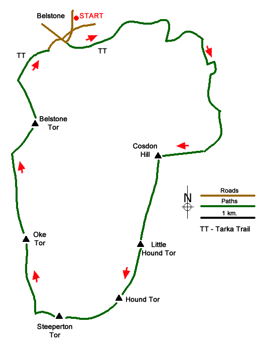 Route Map - Cosdon Hill & Oke Tor from Belstone
 Walk