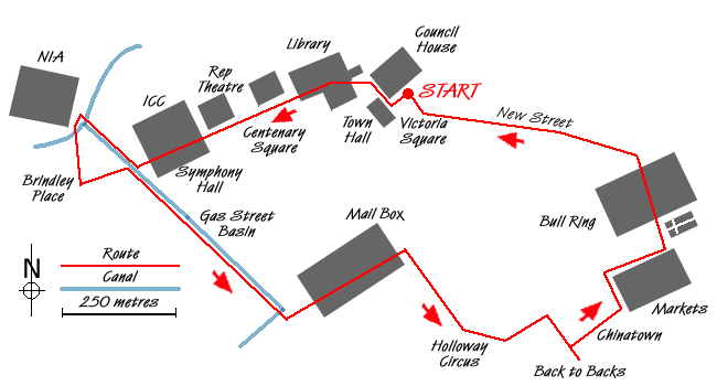 Route Map - Gas Street Basin & The Bull Ring, Birmingham Walk
