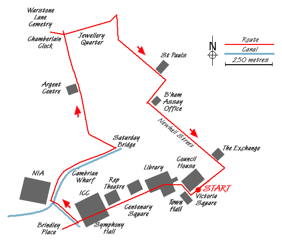 Route Map - Brindley Place & the Jewellery Quarter, Birmingham Walk