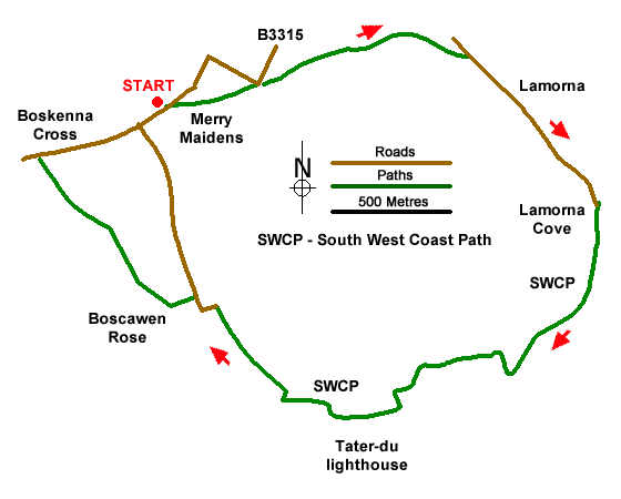 Route Map - Merry Maidens & Lamorna Cove Walk