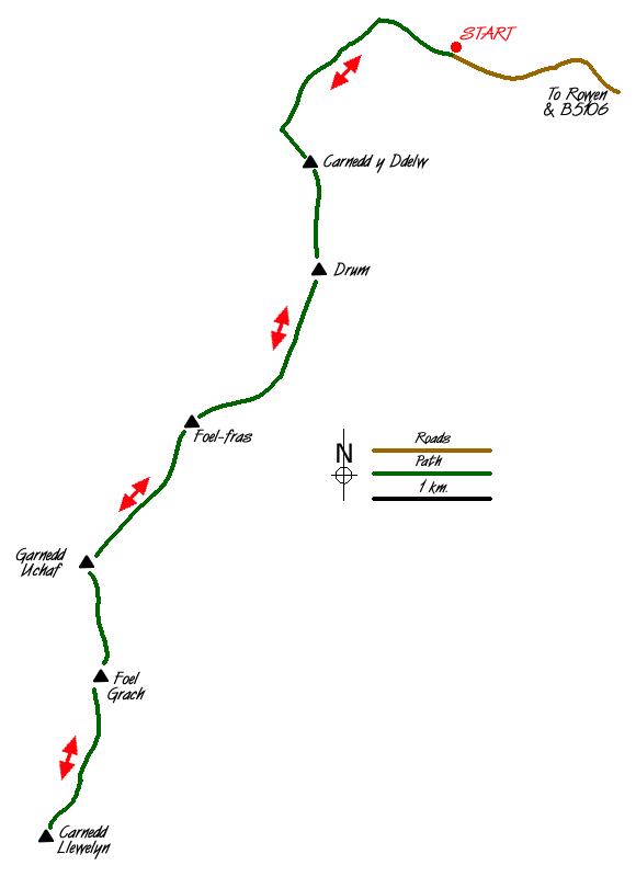 Route Map - Carnedd Llewelyn from near Rowen Walk
