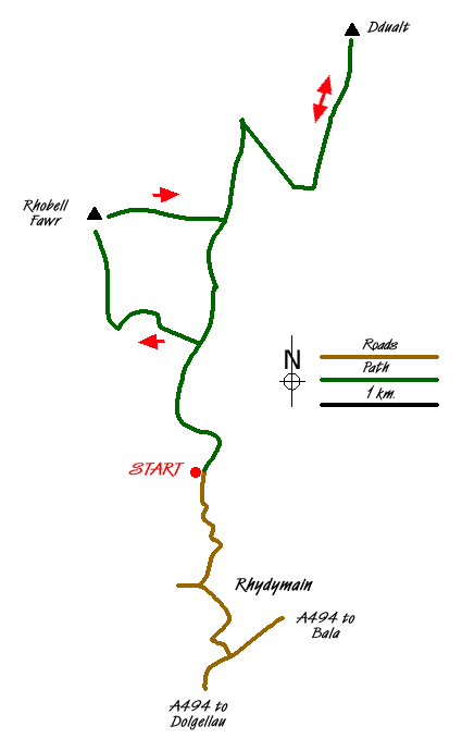 Route Map - Rhobell Fawr and Ddualt from near Rhydymain Walk
