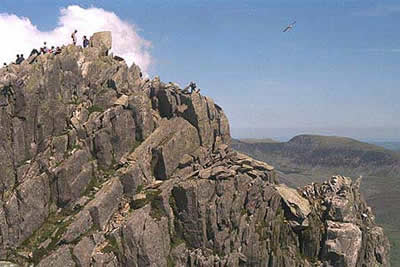 Rocky summit of Tryfan on approach from South Peak