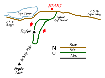 Route Map - Tryfan North Ridge from Ogwen Valley Walk