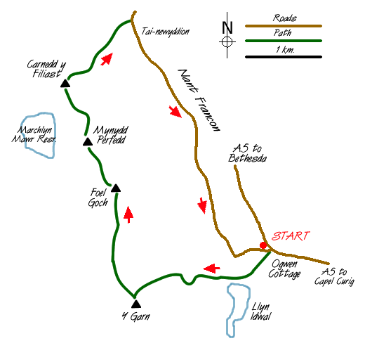 Route Map - Y Garn & Carnedd y Filiast Ogwen Cottage Walk