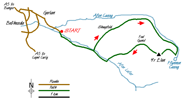 Route Map - Yr Elen from Gerlan Walk