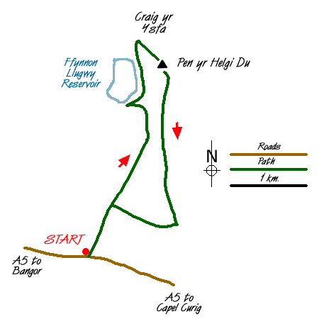 Route Map - Pen yr Helgi Du from Ogwen Valley Walk