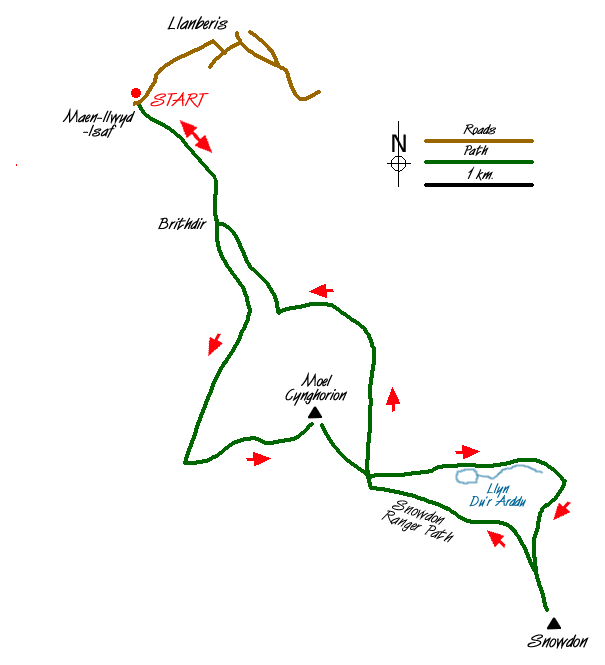 Route Map - Moel Cynghorion & Snowdon from near Llanberis Walk