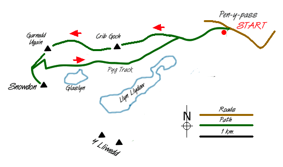 Route Map - Crib Goch, Garnedd Ugain and Snowdon from Pen-y-pass Walk