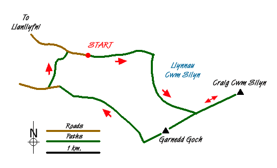 Route Map - Garnedd Goch via Cwm Silyn (Two Lakes Walk) Walk
