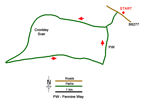 Route Map - Cronkley Fell from Hanging Shaw 
 Walk