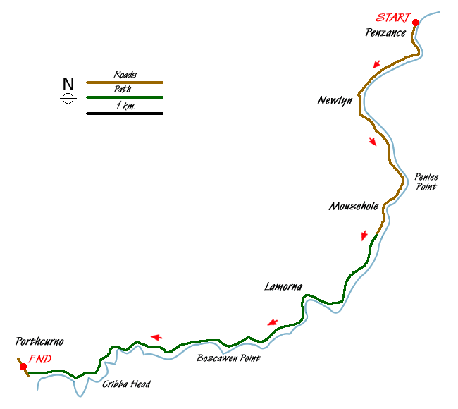Route Map - Penzance to Porthcurno via Mousehole and Lamorna Walk