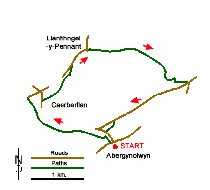 Route Map - Castell y Bere & Llanfihangel-y-pennant from Abergynolwyn
 Walk