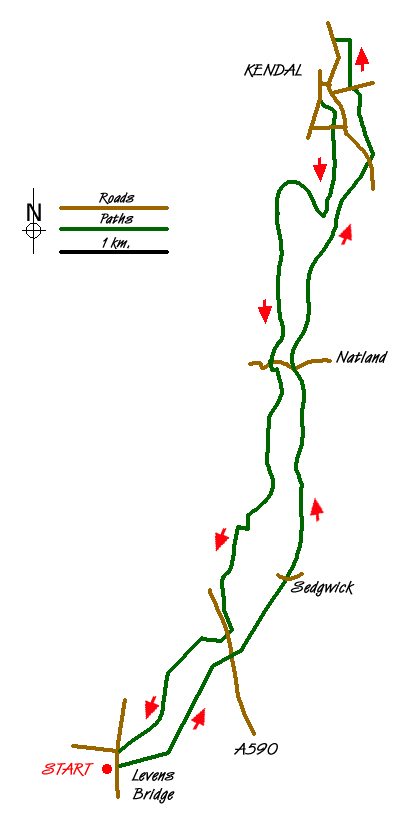 Route Map - Levens Bridge to Kendal Walk