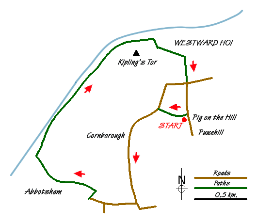 Route Map - Abbotsham Cliff beach and Kipling's Tor, Westward Ho! Walk