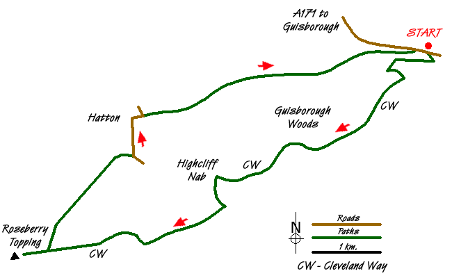 Route Map - Highcliff Nab & Roseberry Topping from Slapewath Walk