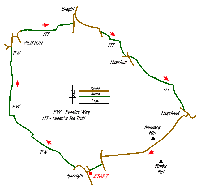 Route Map - Garrigill, Alston & Nenthead Walk