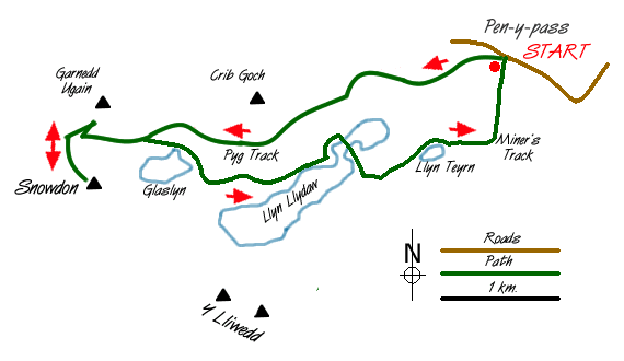 Route Map - Snowdon by the Pyg and Miner's Tracks Walk