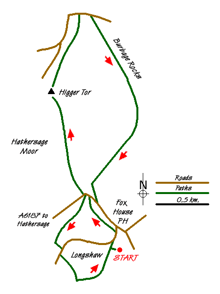 Route Map - Higger Tor & Burbage Rocks Walk