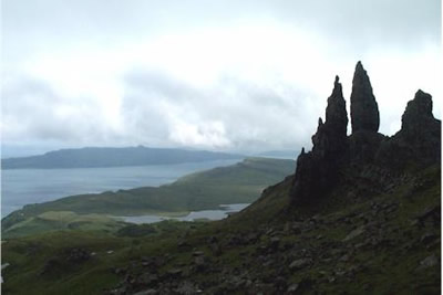 The Old Man of Storr is etched against a cloudy sky