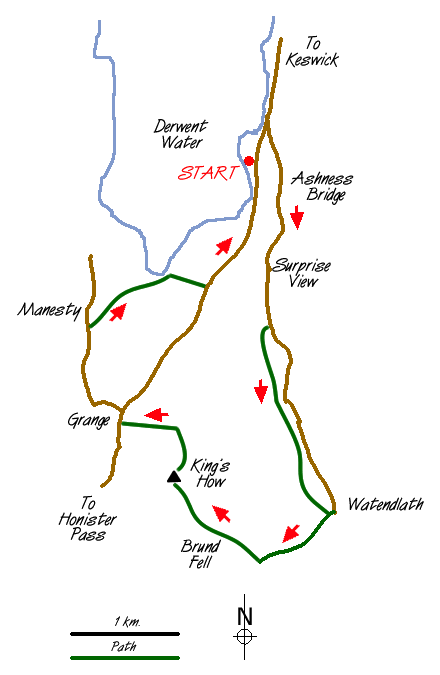 Route Map - Ashness Bridge & Grange Fell Walk