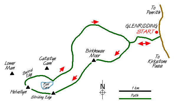 Route Map - Helvellyn via Striding Edge Walk