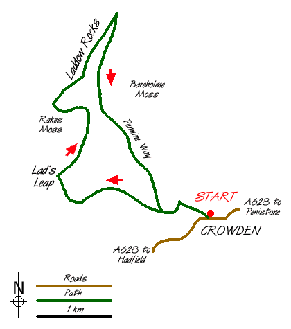 Route Map - Lad's Leap & Laddow Rocks from Crowden Walk