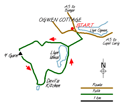 Route Map - Y Garn from Ogwen Cottage Walk